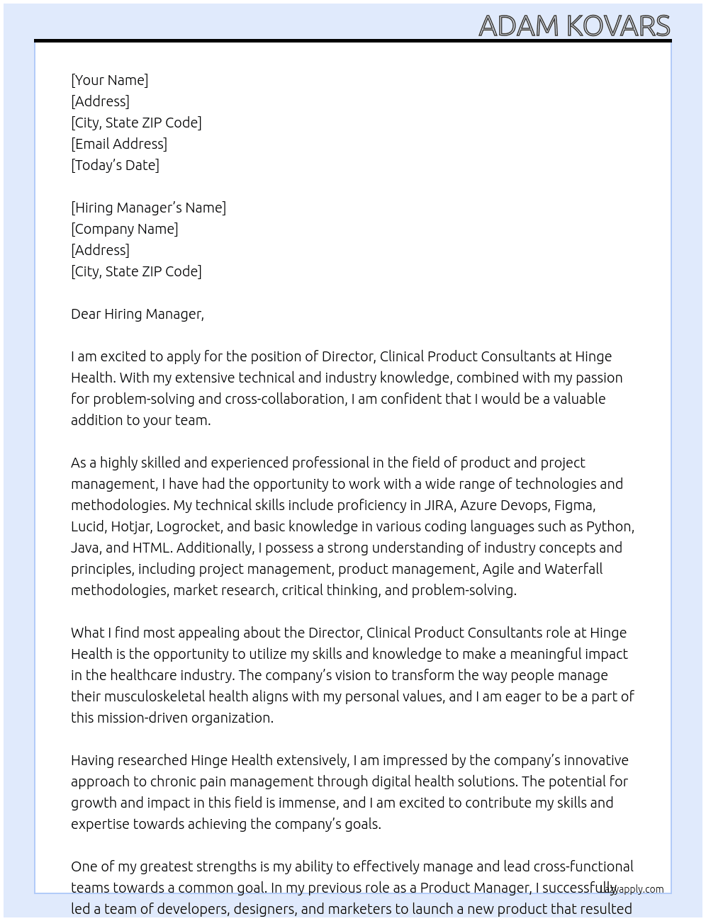Director, Clinical Product Consultants At Hinge Health Cover Letter