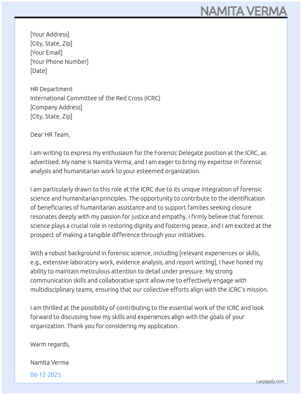 Forensic Delegate At ICRC Cover Letter