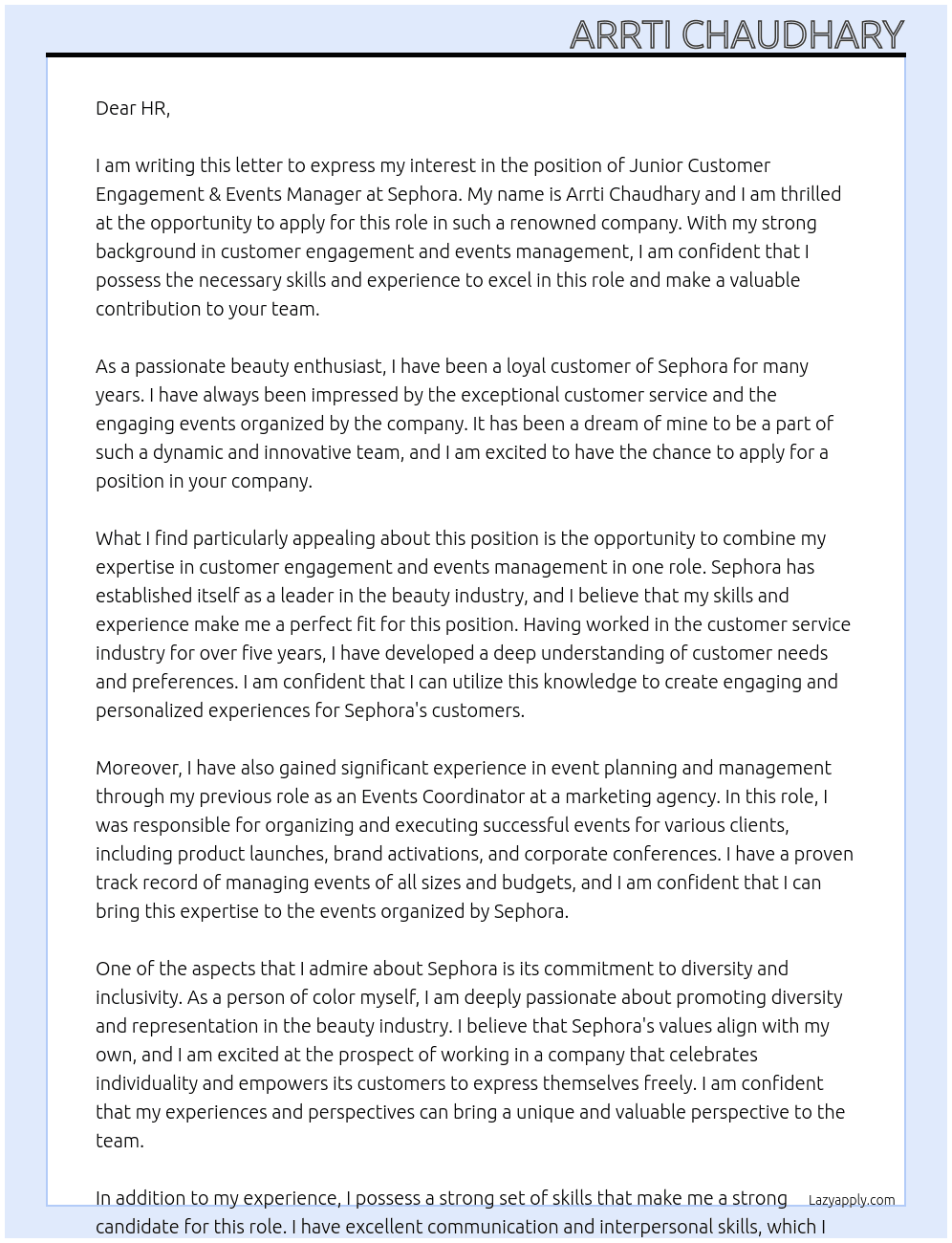 Junior Customer Engagement & Events Manager At Sephora Cover Letter
