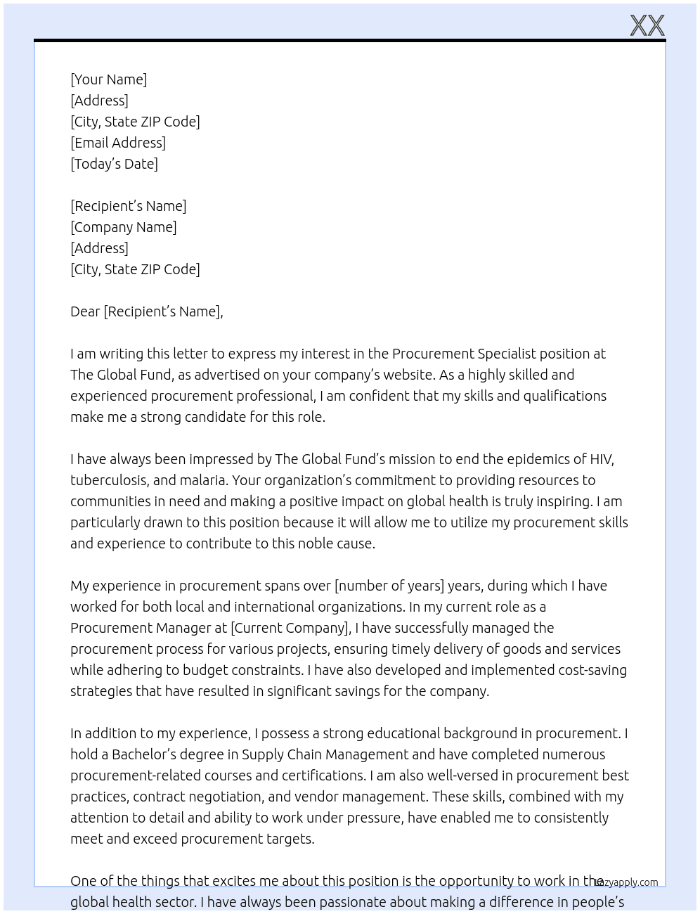 Procurement specialist At the global fund Cover Letter