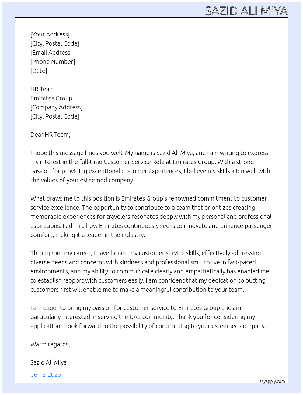 Customer Service Role At Emirates Group Cover Letter