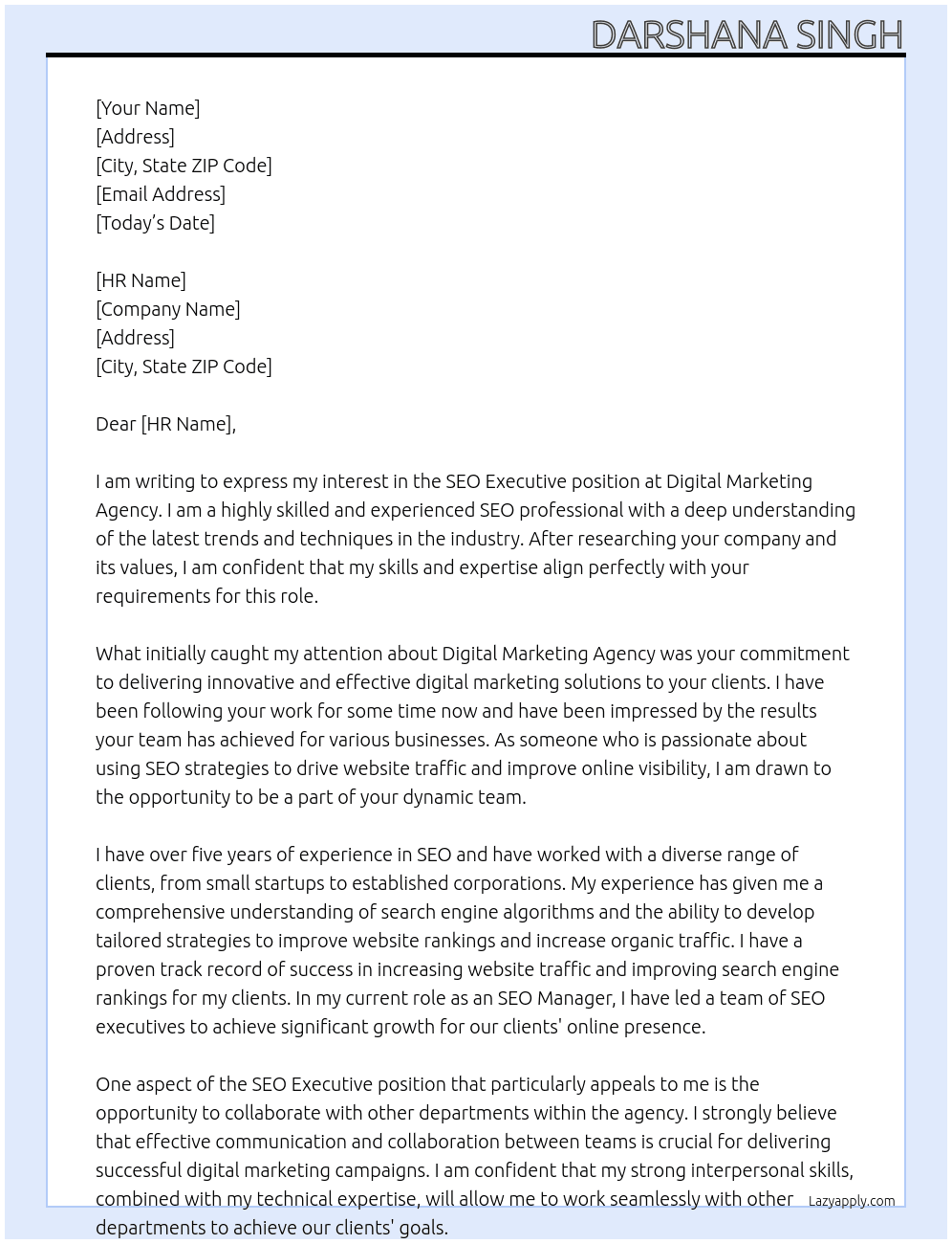 SEO Executive  At Digital marketing agency  Cover Letter