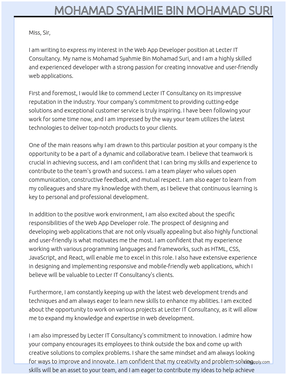 Web App Developer At Lecter IT Consultancy Cover Letter