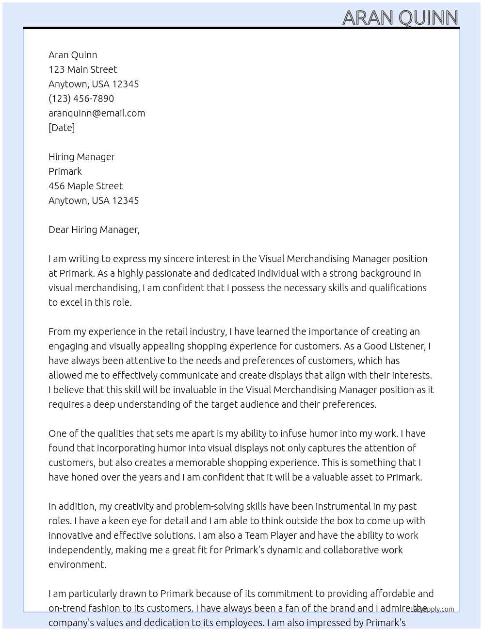 Visual Merchandising Manager At Primark Cover Letter
