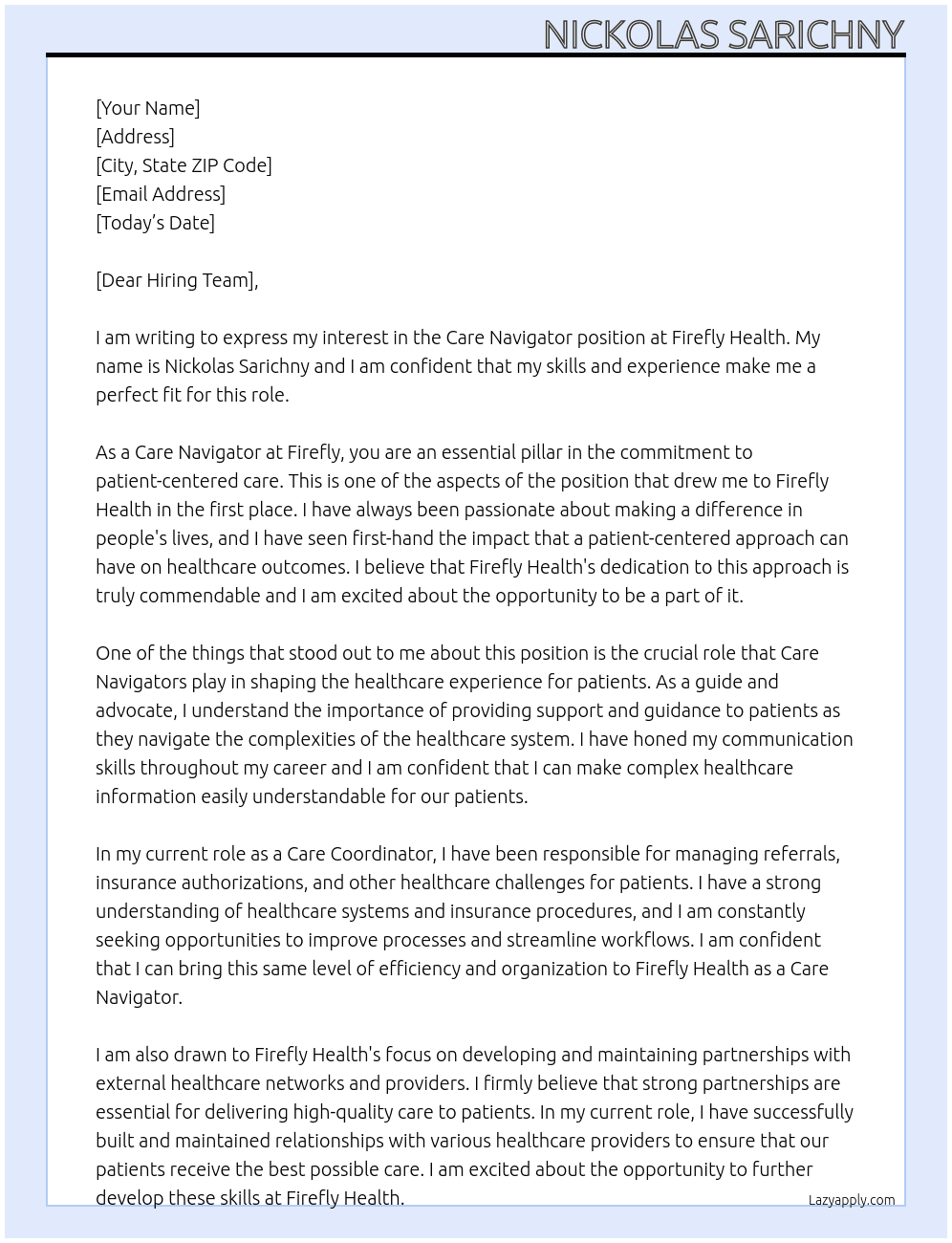 Care Navigator At Firefly Health  Cover Letter