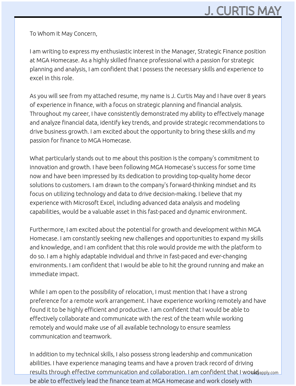 Manager, Strategic Finance At MGA Homecase Cover Letter
