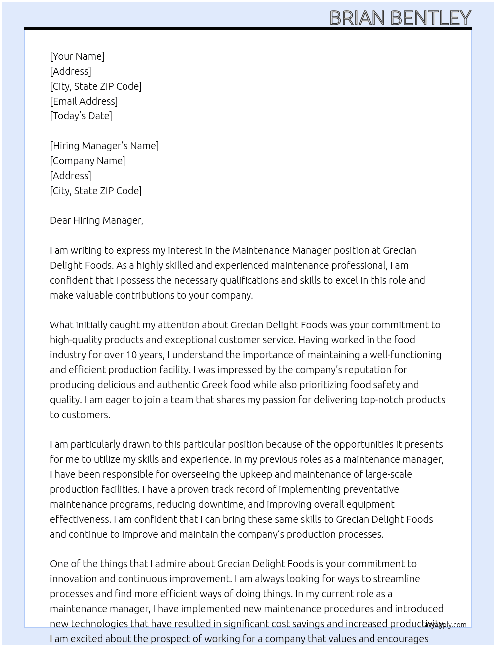 Maintenance Manager At Grecian Delight Foods Cover Letter