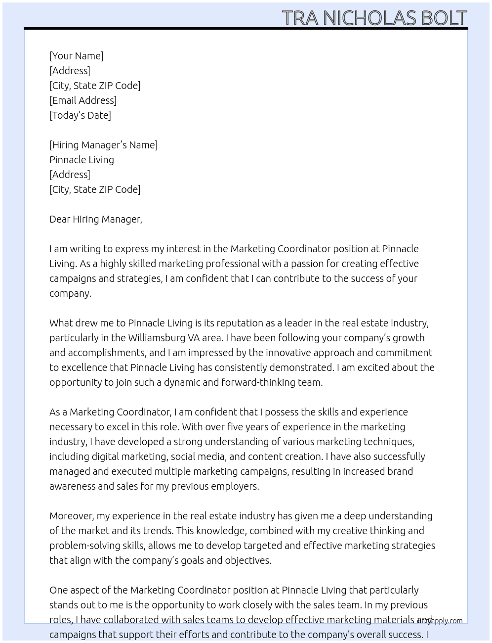 Marketing Coordinator  At Pinnacle Living  Cover Letter
