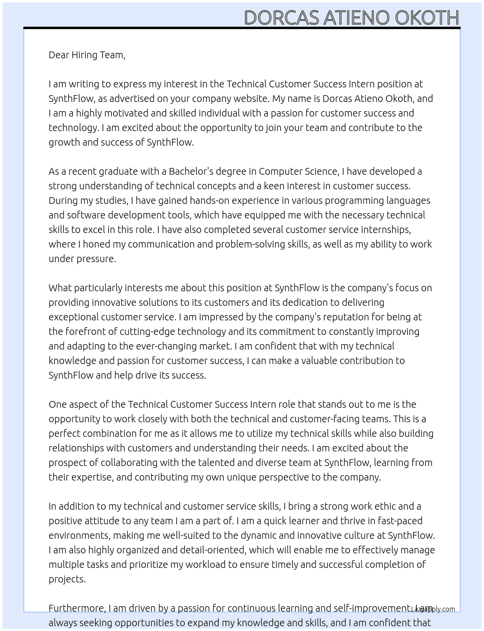 technical customer success intern At SynthFlow Cover Letter