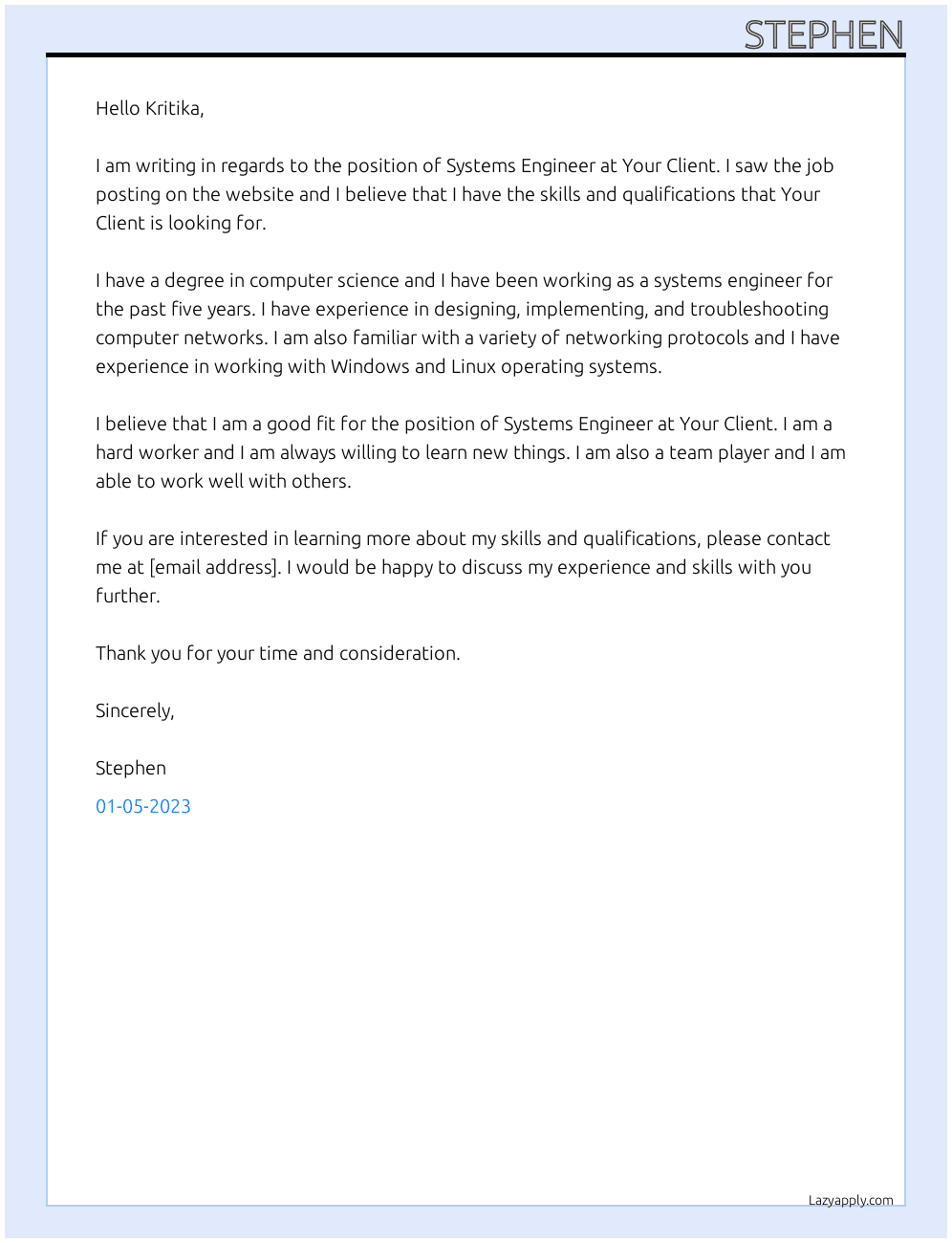 Systems Engineer At Your Client Cover Letter