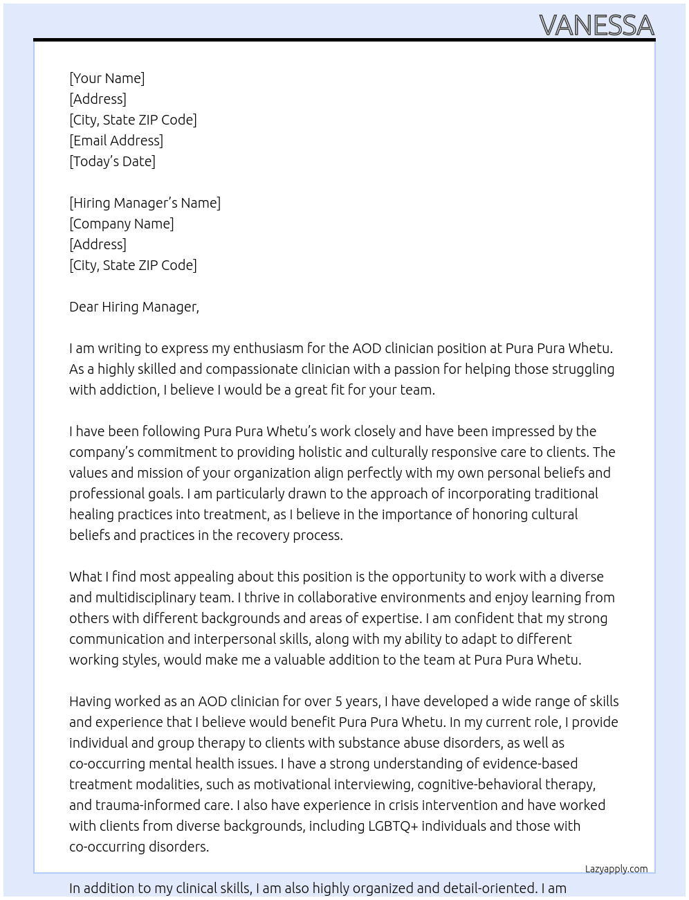 AOD clinician At Pura Pura Whetu Cover Letter