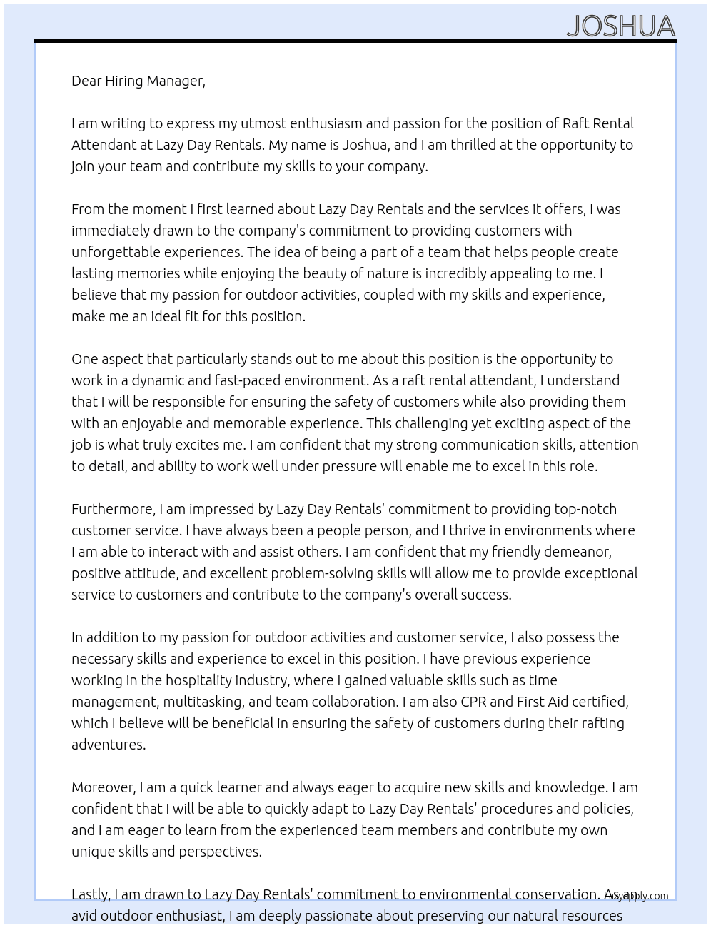 raft rental attendant At Lazy Day Rentals Cover Letter