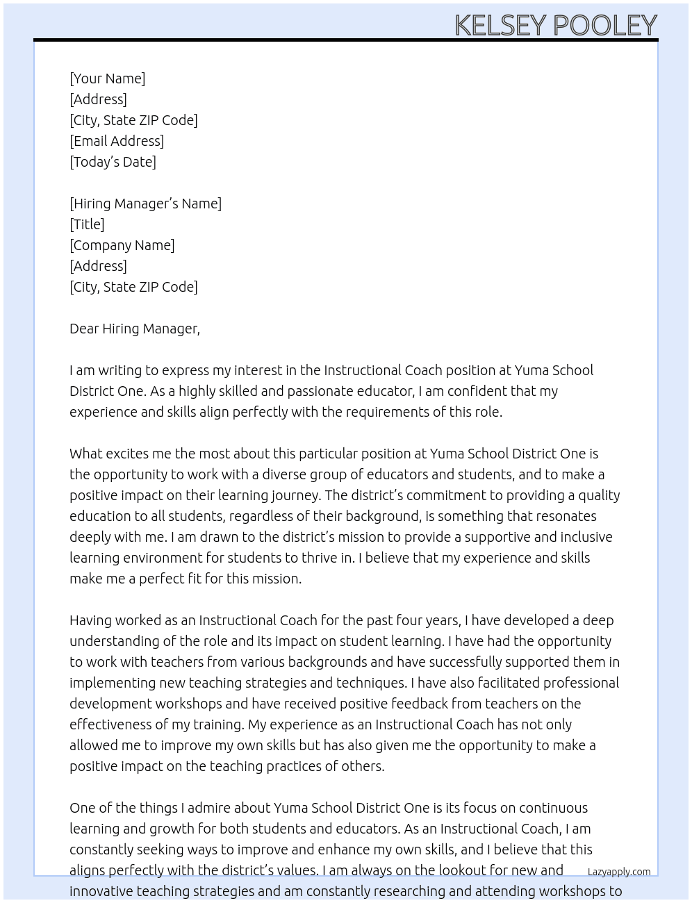 Instructional Coach At Yuma School District One Cover Letter
