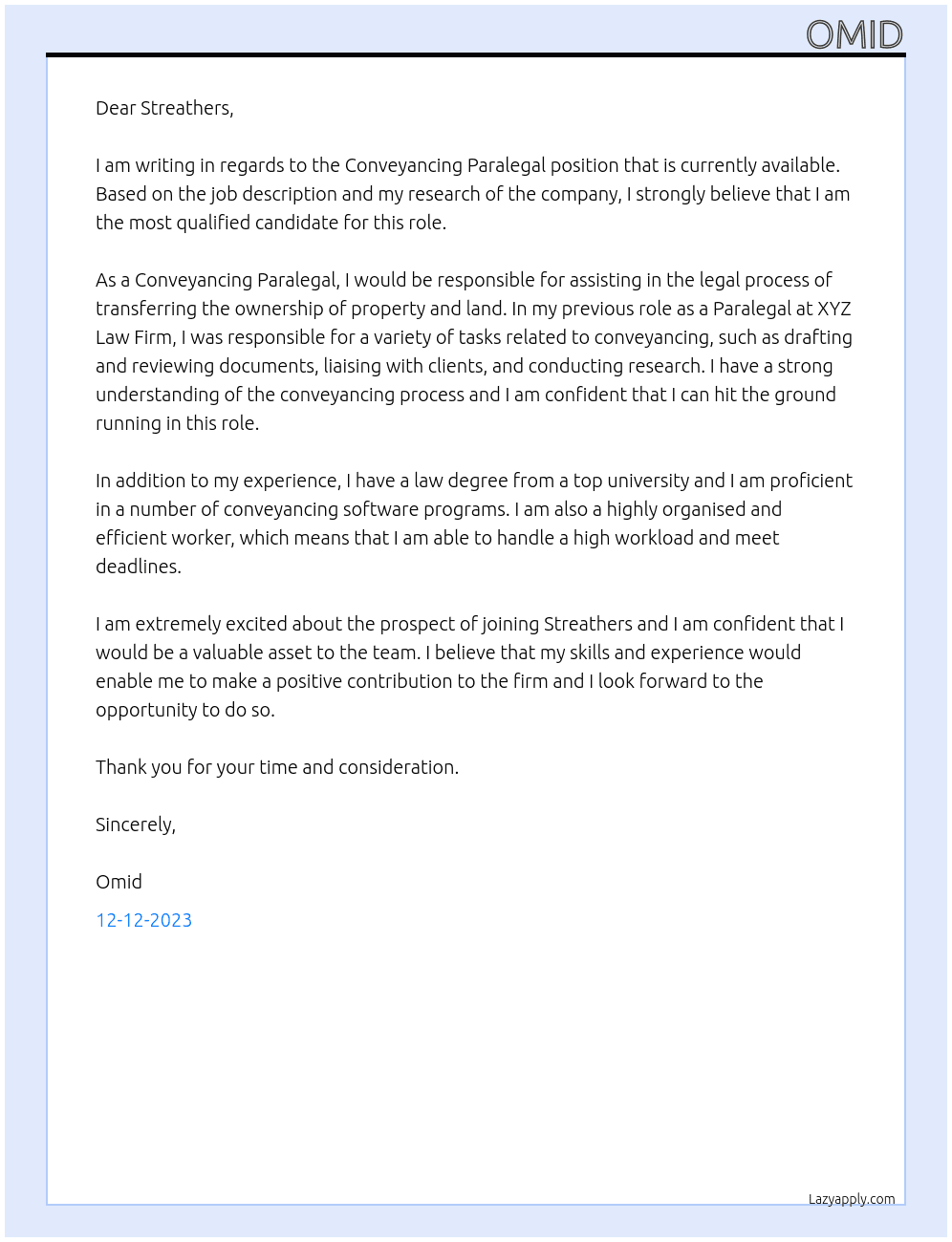 Conveyancing Paralegal At Streathers Cover Letter