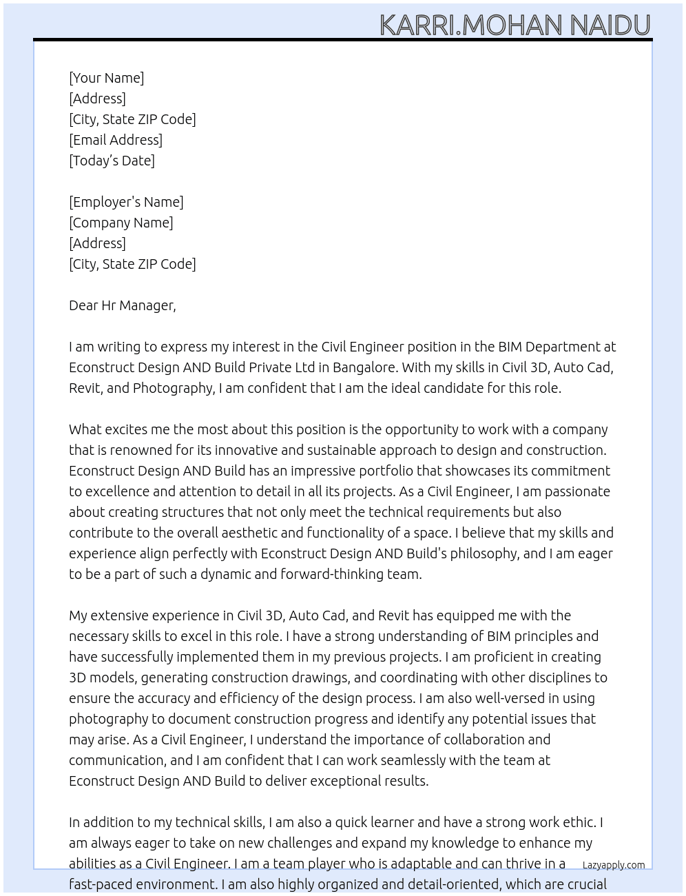 Civil Engineer At Econstruct Design AND Build Private Ltd Cover Letter