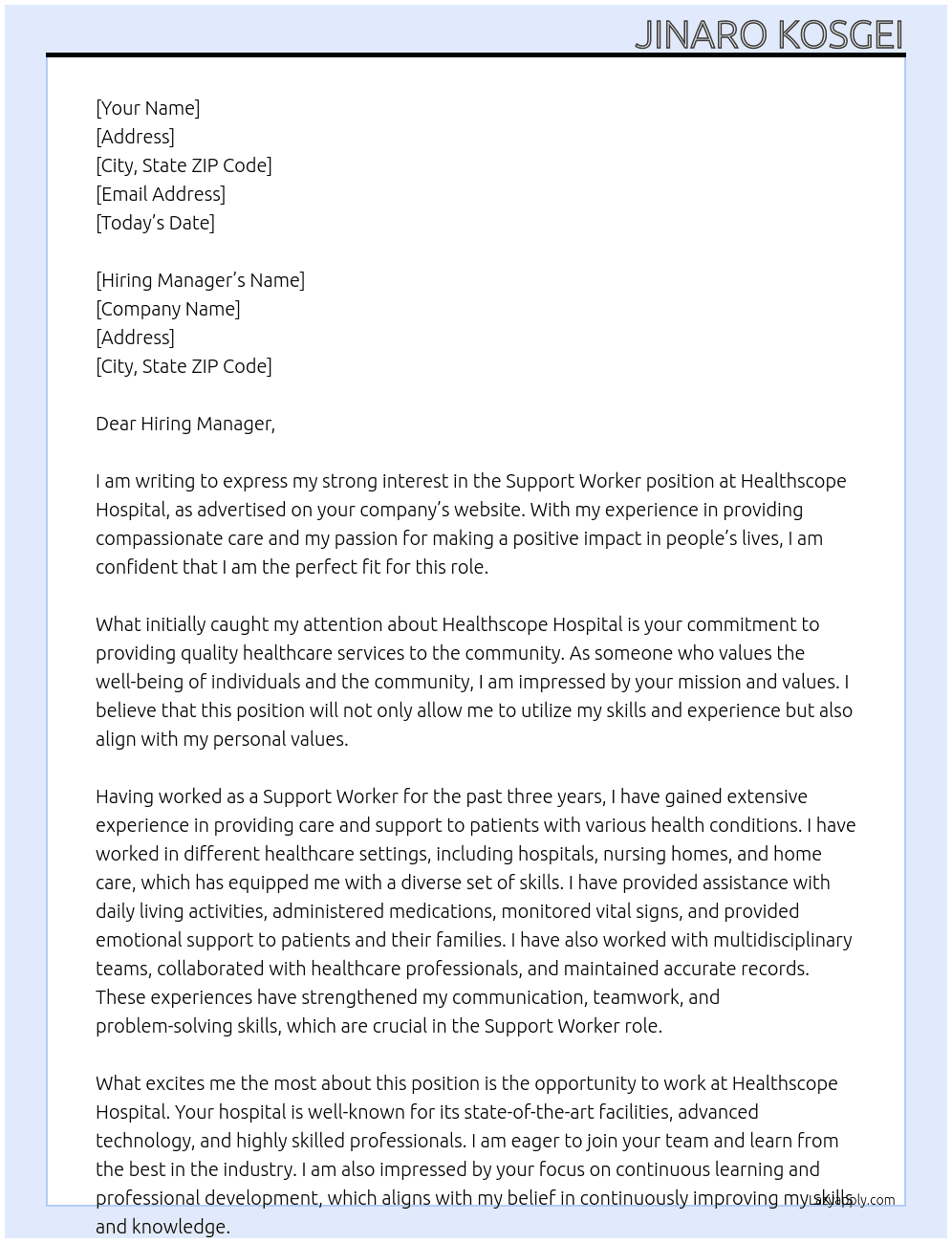 Support Worker At Healthscope Hospital Cover Letter