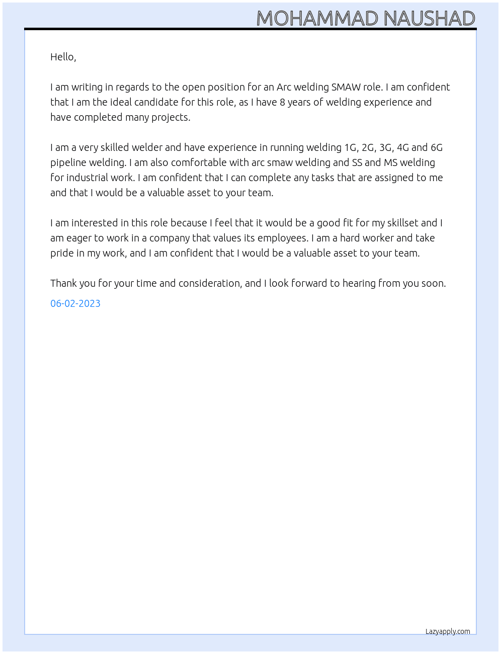 Arc welding SMAW  At For all company Cover Letter