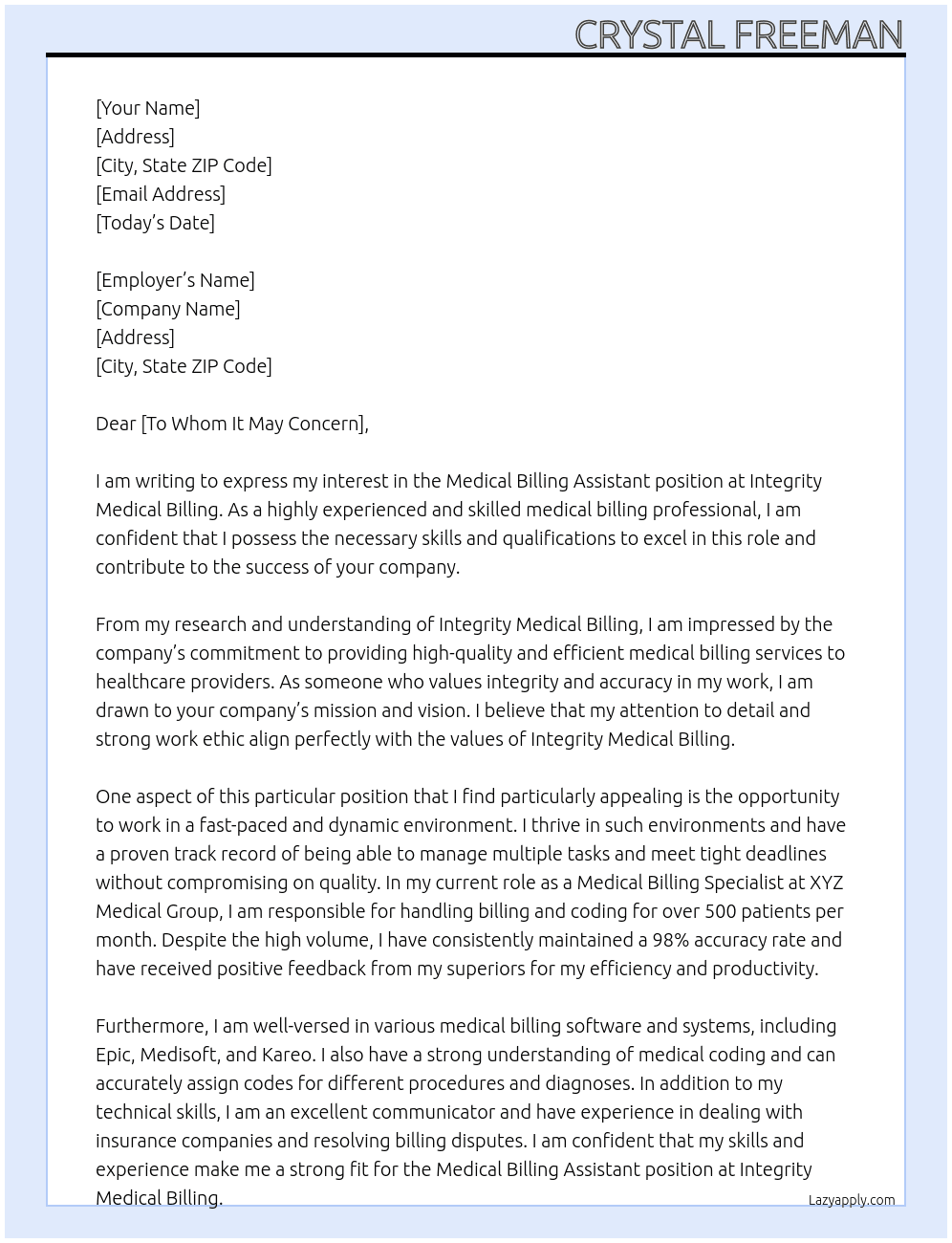 Medical Billing Assistant At Integrity Medical Billing Cover Letter