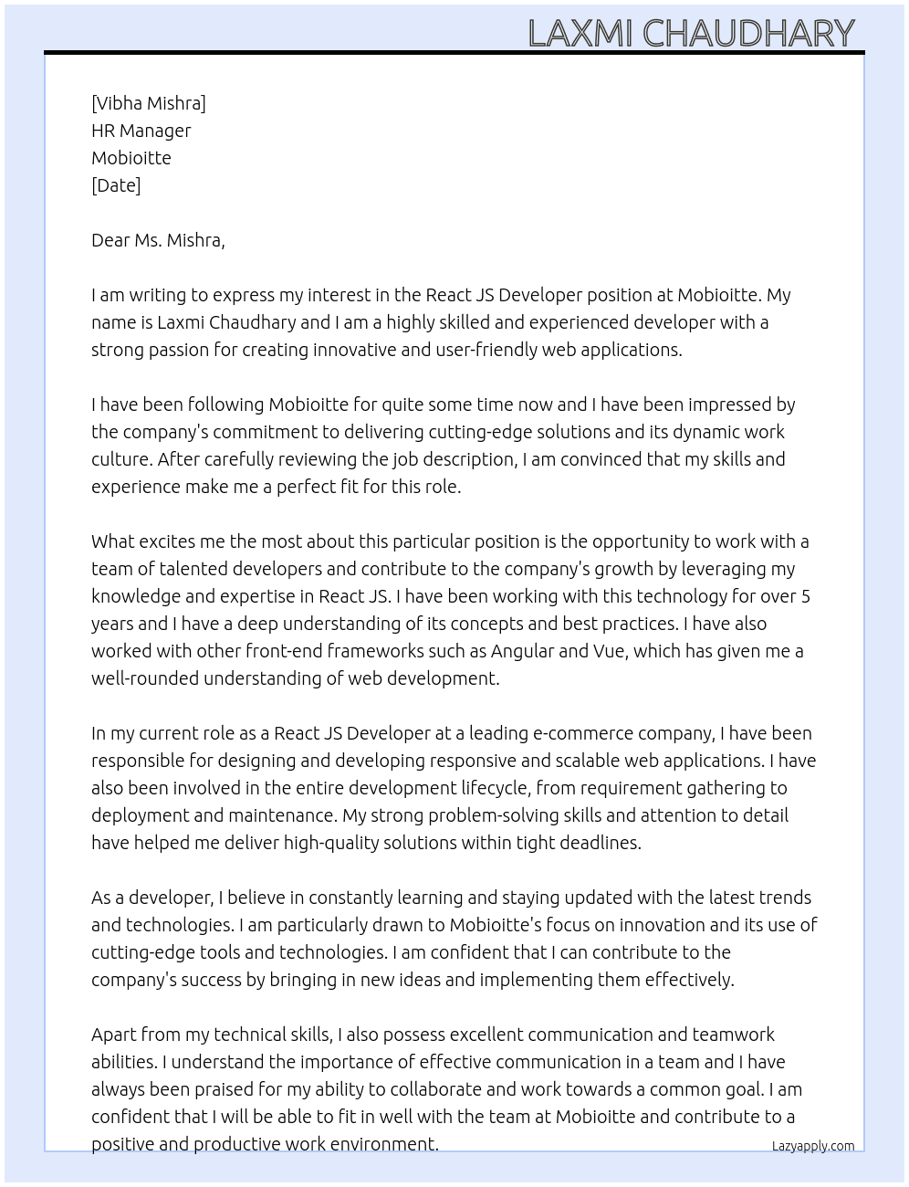 React js Developer At Mobioitte Cover Letter