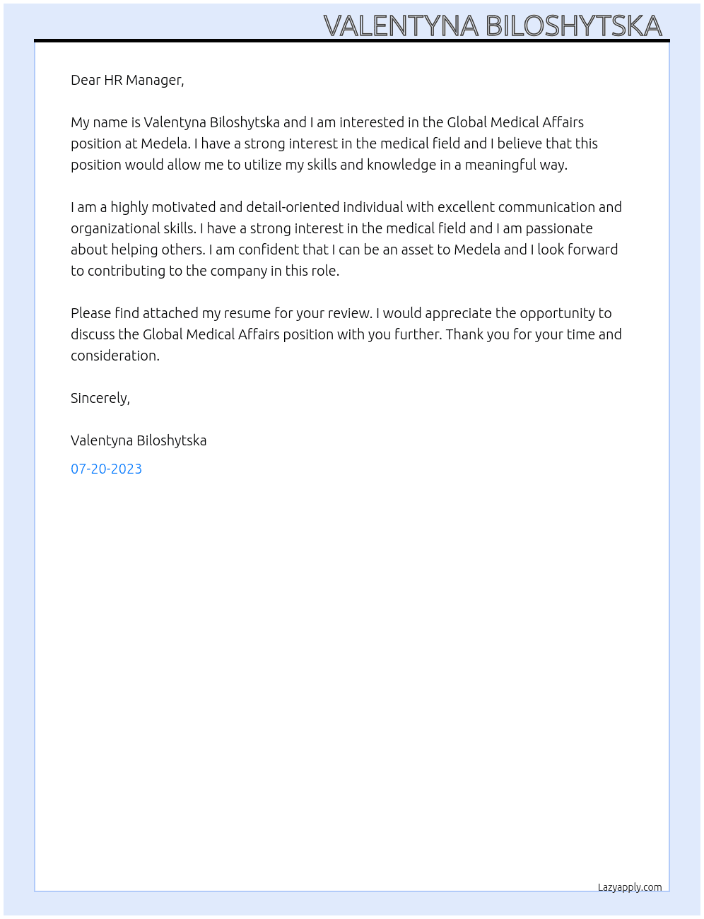 Global Medical Affairs  At Medela Cover Letter