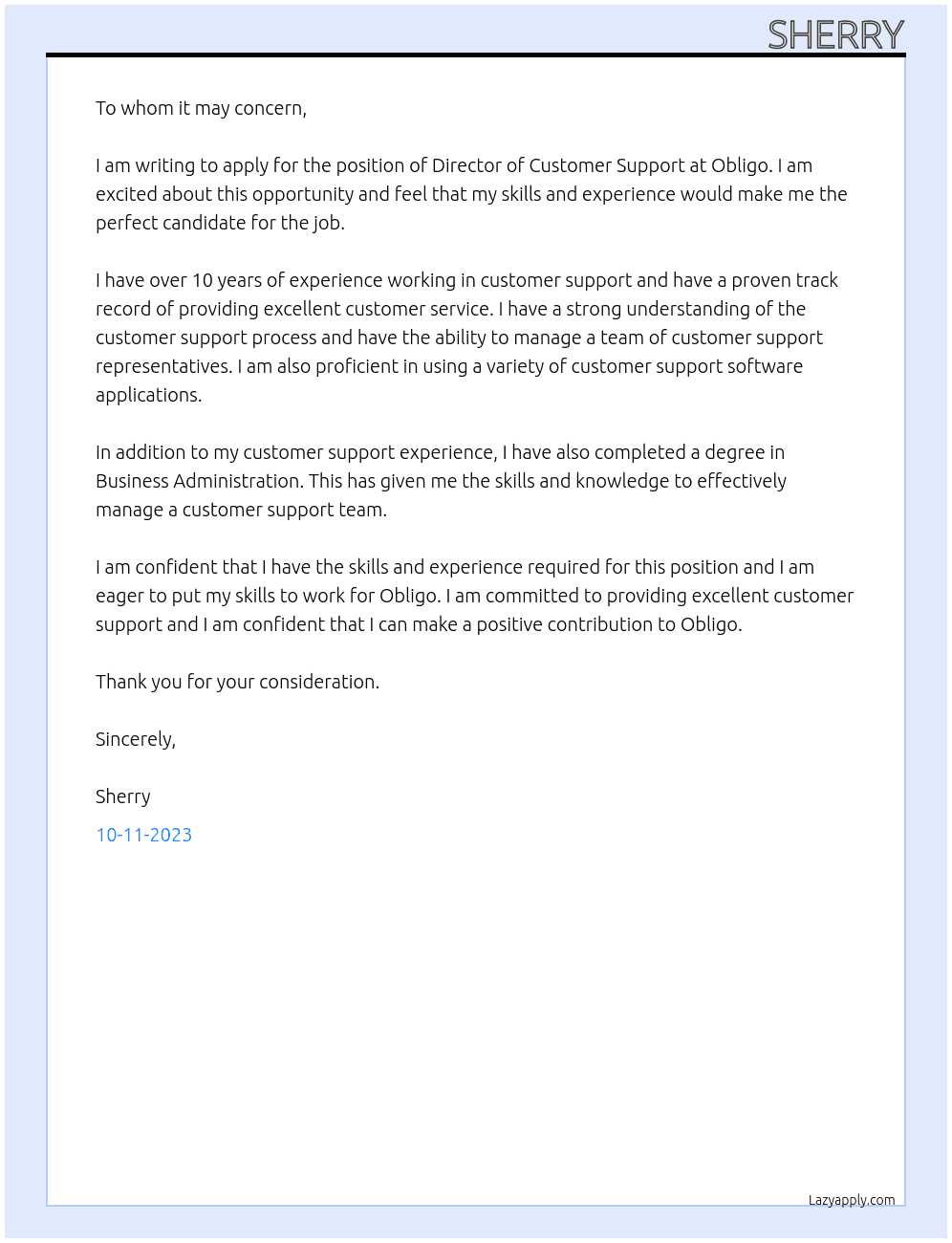 Director of Customer Support At Obligo Cover Letter