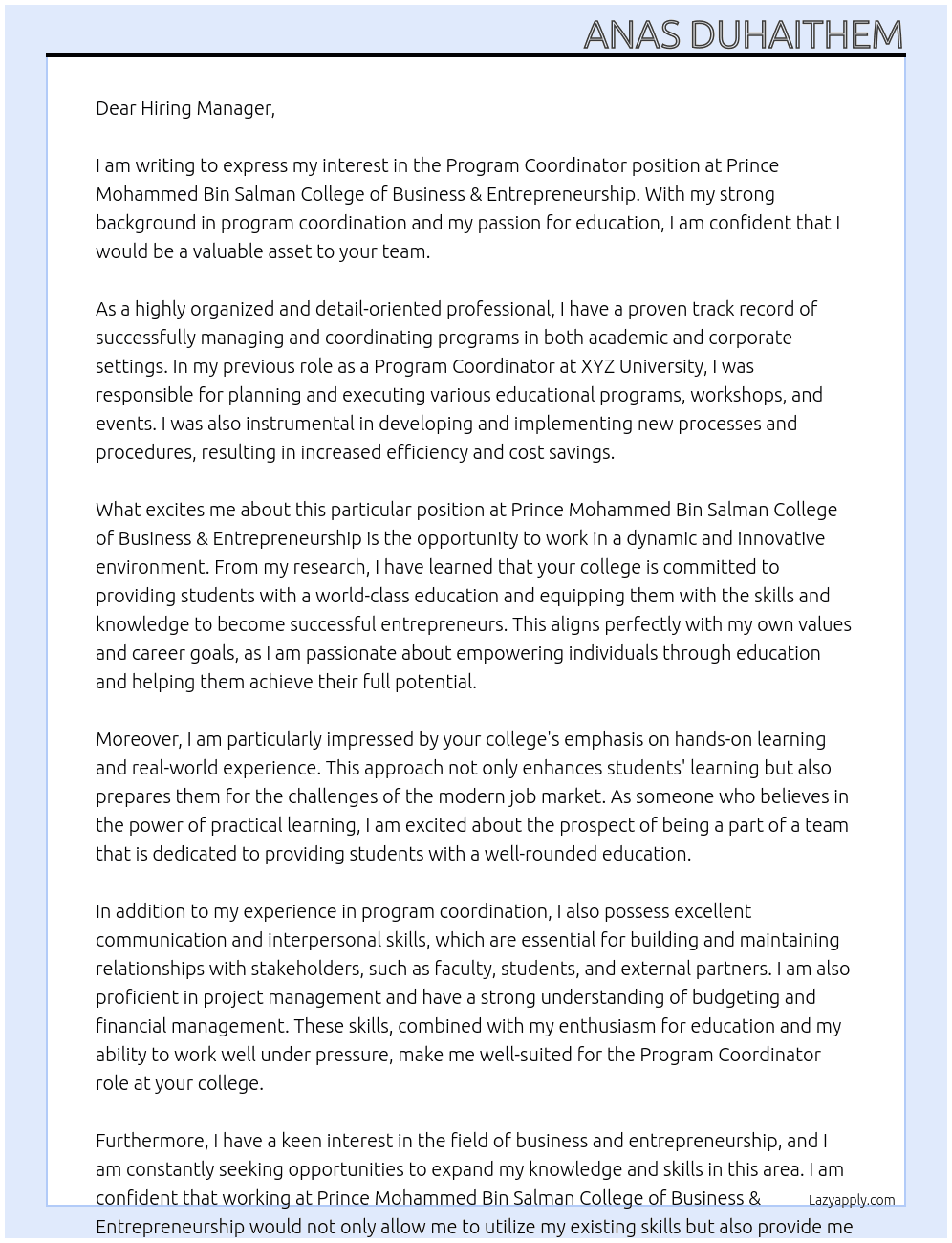 Program Coordinator At Prince Mohammed Bin Salman College of Business & Entrepreneurship  Cover Letter