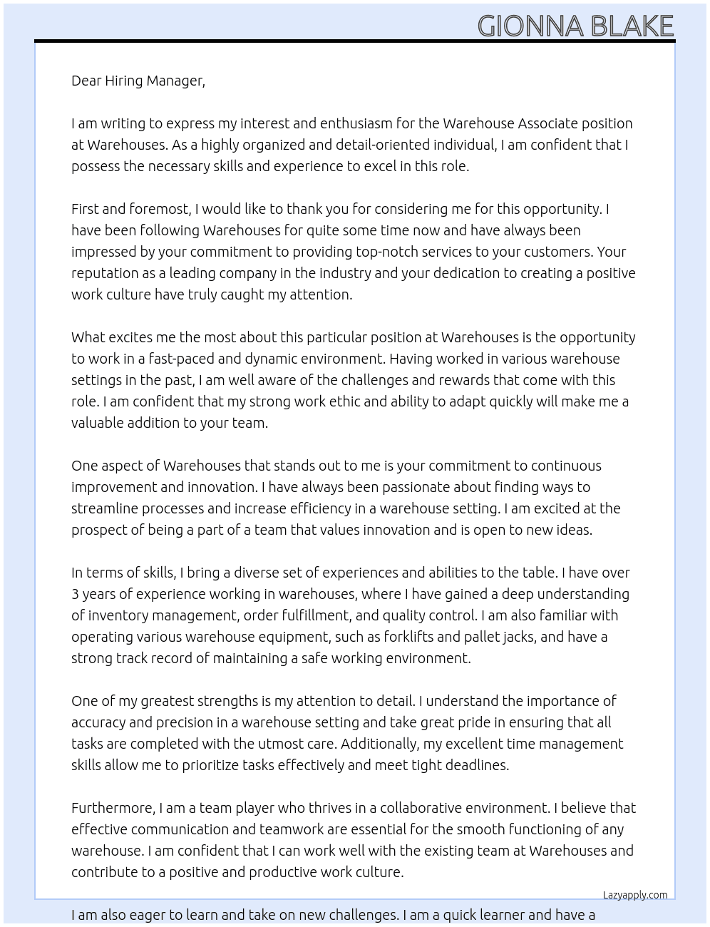 Warehouse  Associate  At Warehouses  Cover Letter