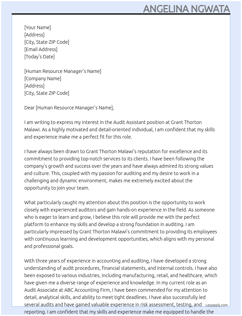 audit assistant At Grant Thorton Malawi Cover Letter