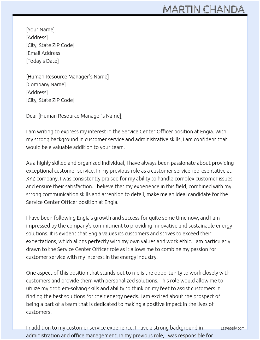 Service center officer  At Engia Cover Letter
