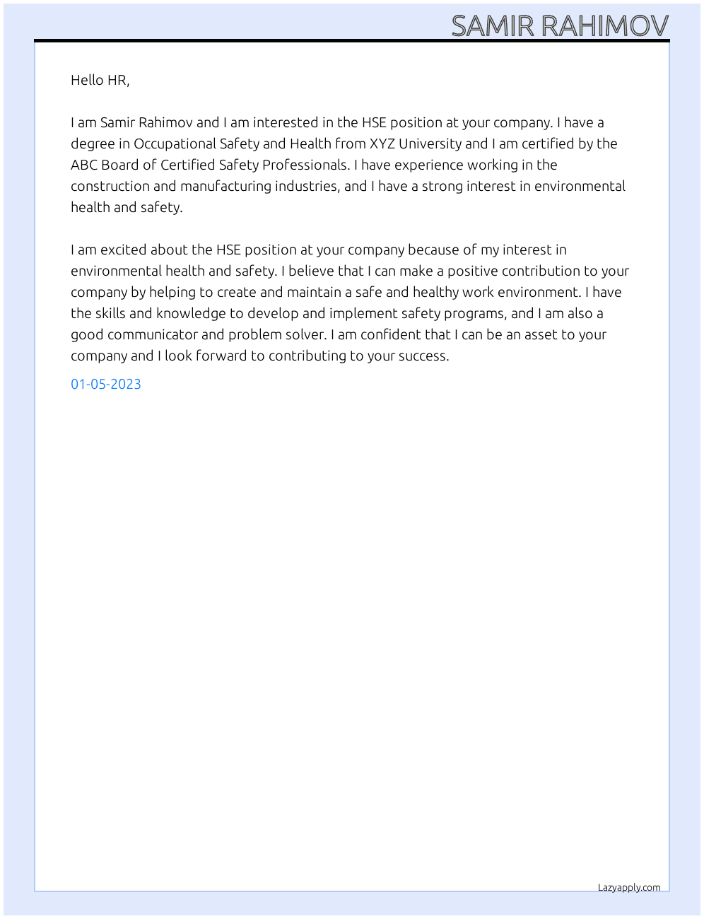HSE At HR Cover Letter