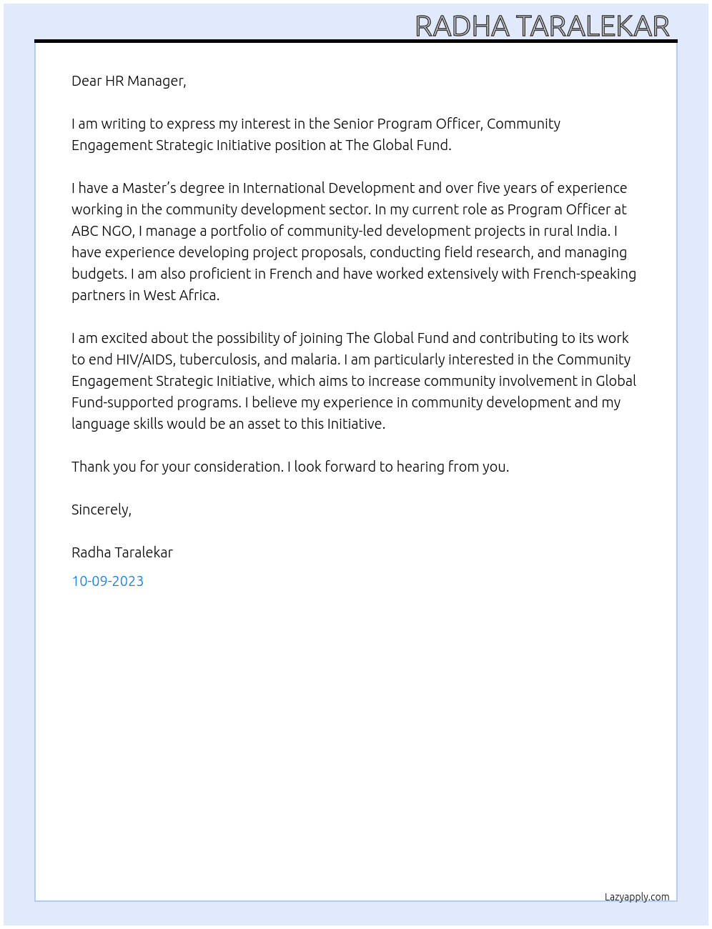 Senior Program Officer, Community Engagement Strategic Initiative At The Global Fund  Cover Letter