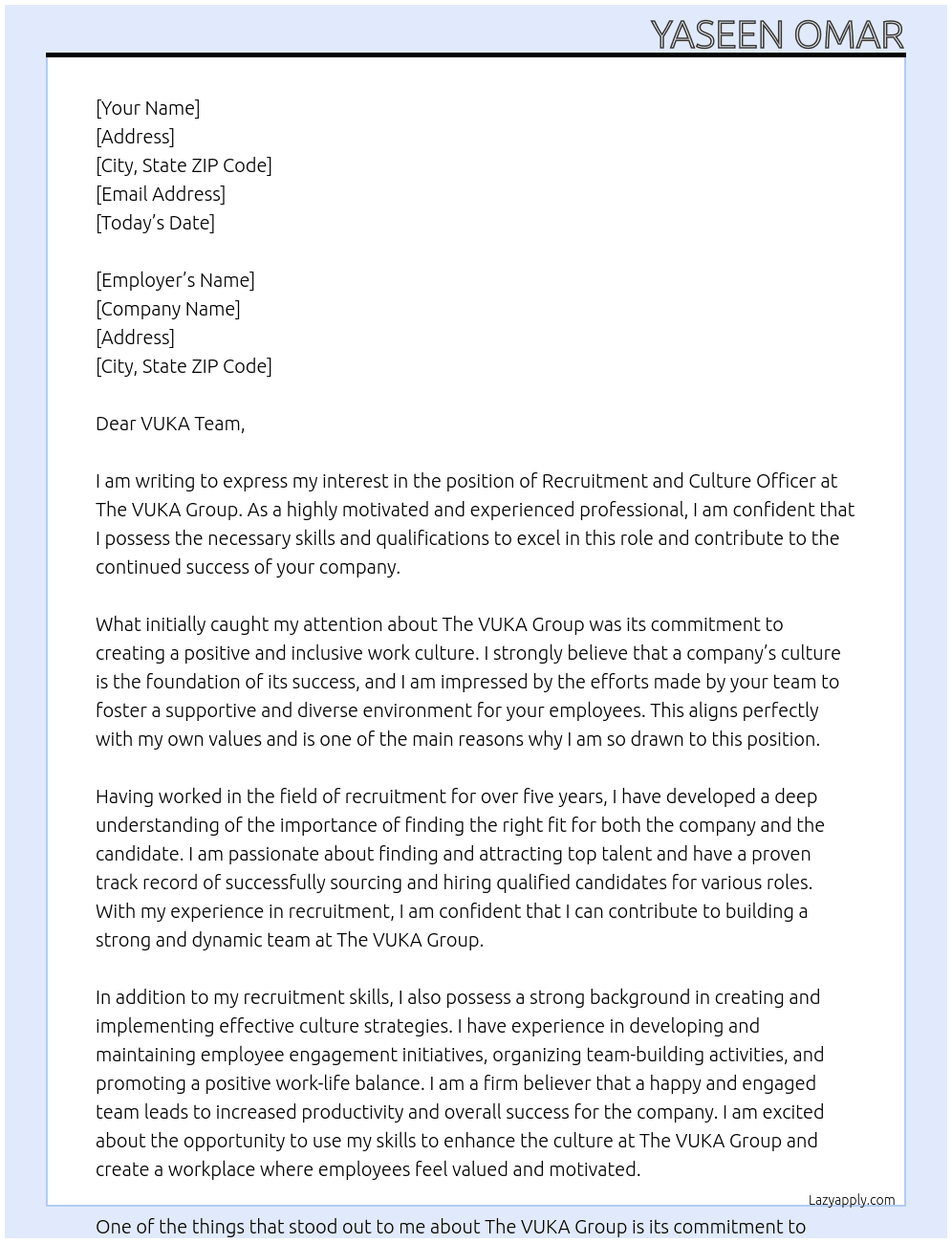 Recruitment and Culture Officer At The VUKA Group Cover Letter