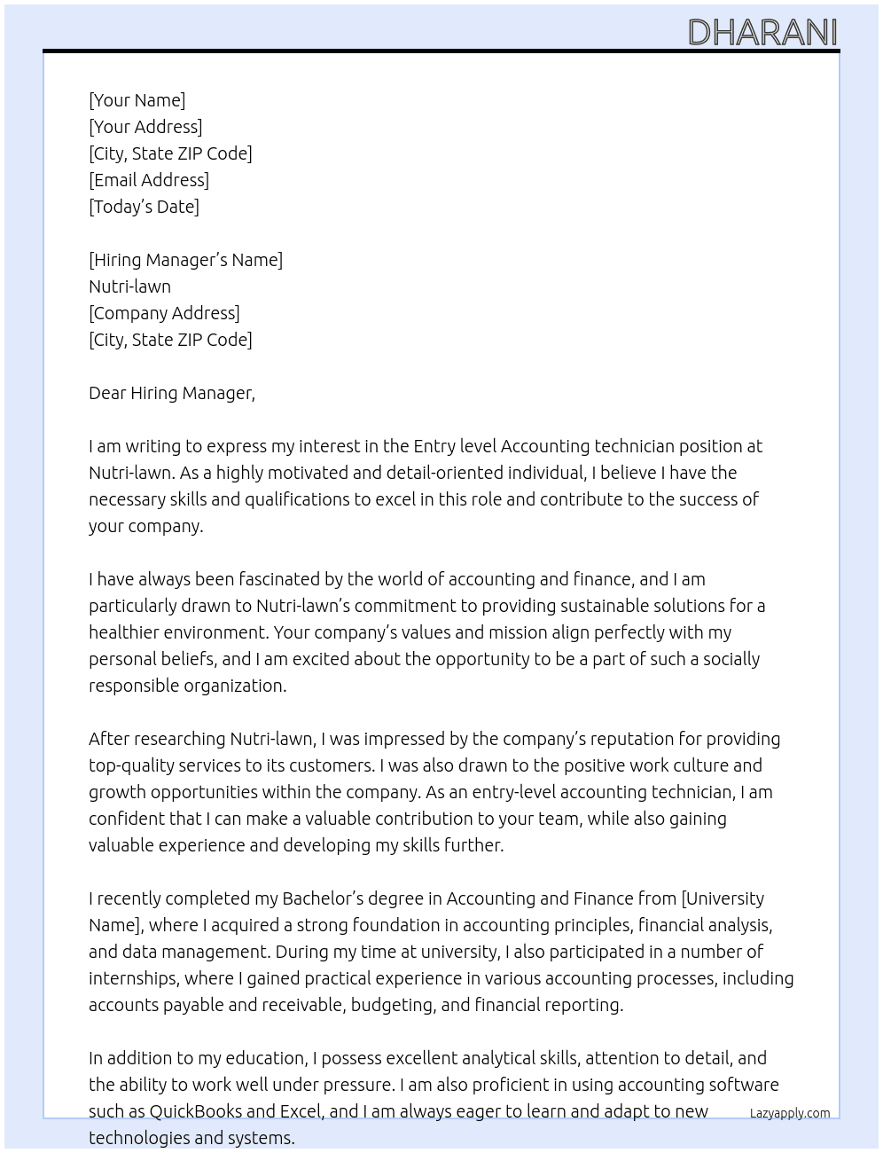 Entry level Accounting technician At Nutri-lawn Cover Letter