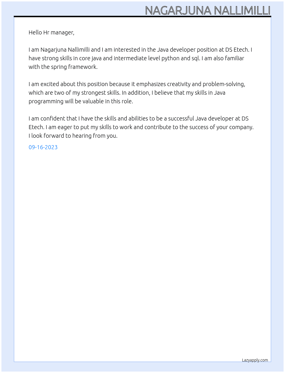 Java developer At DS Etech Cover Letter