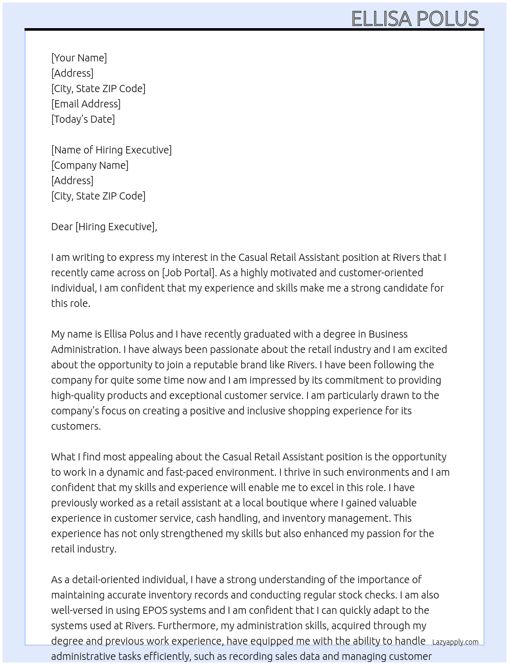 Casual retail assistant  At Rivers Cover Letter