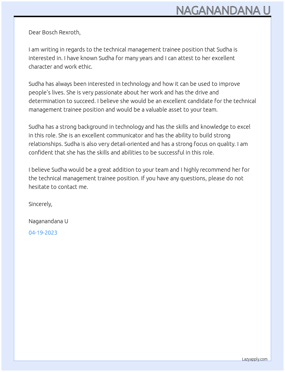 technical management trainee At Bosch Rexroth Cover Letter