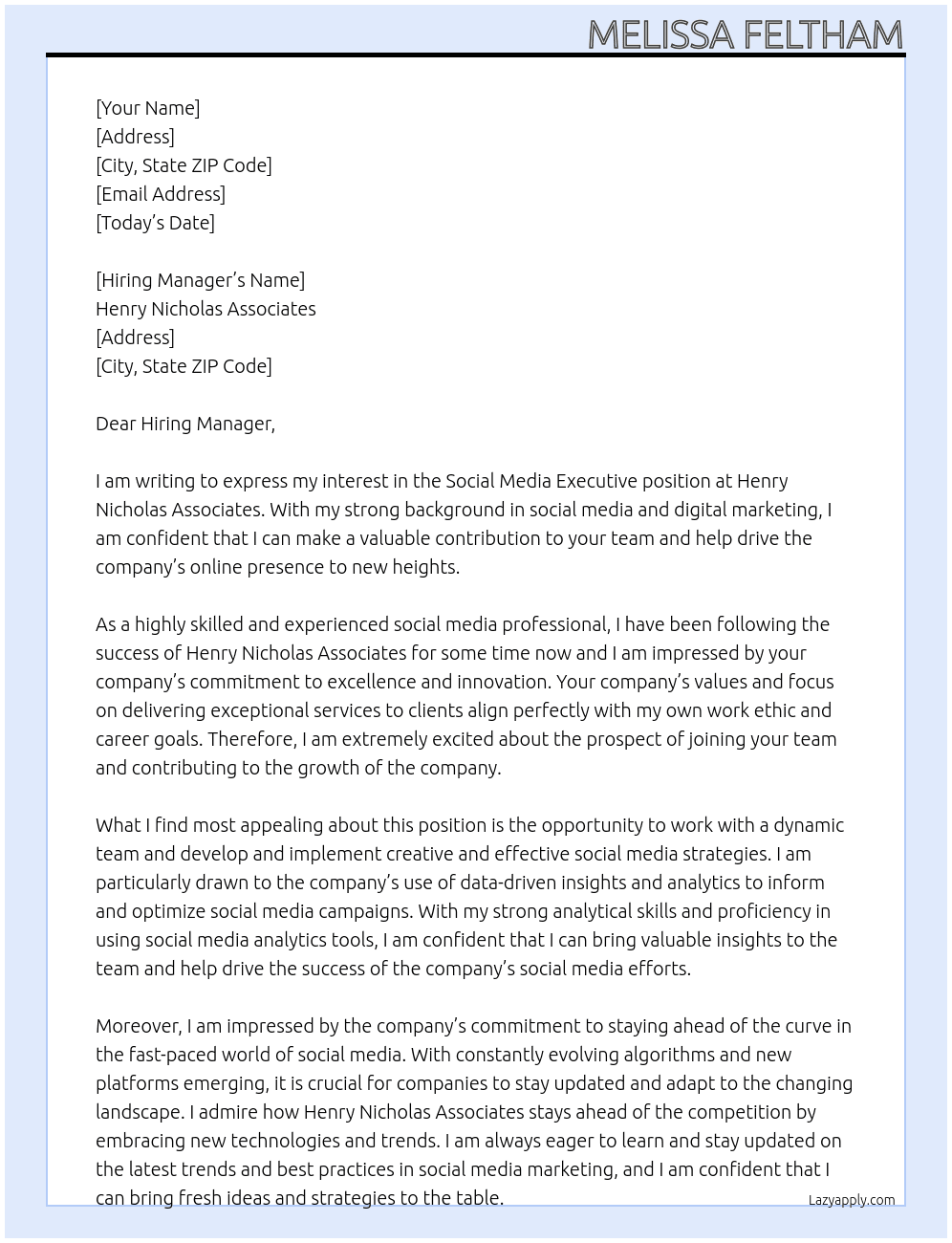 Social Media Executive At Henry Nicholas Associates Cover Letter