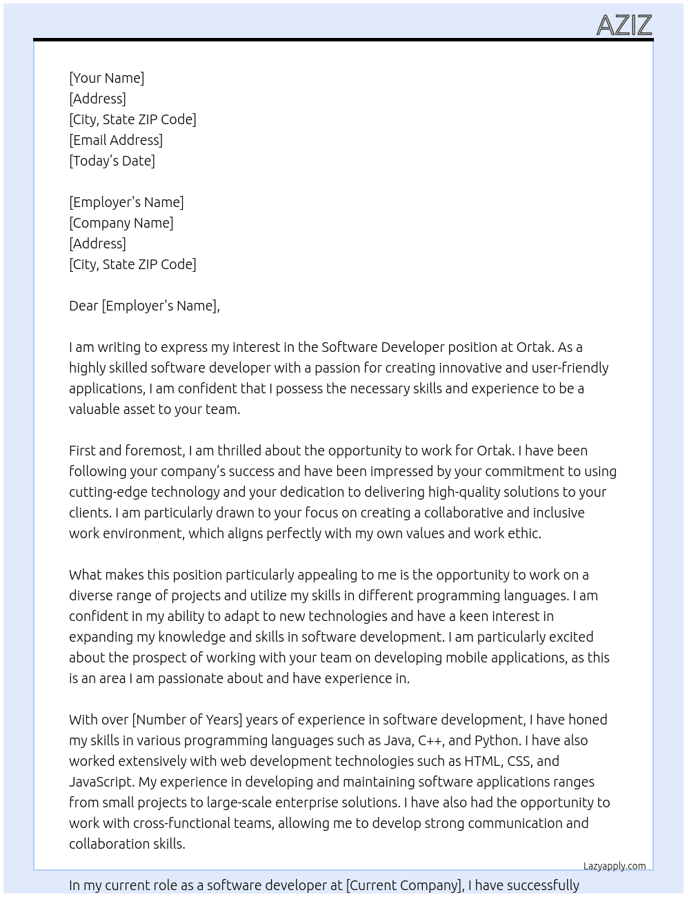 Software Developer At Ortak Cover Letter