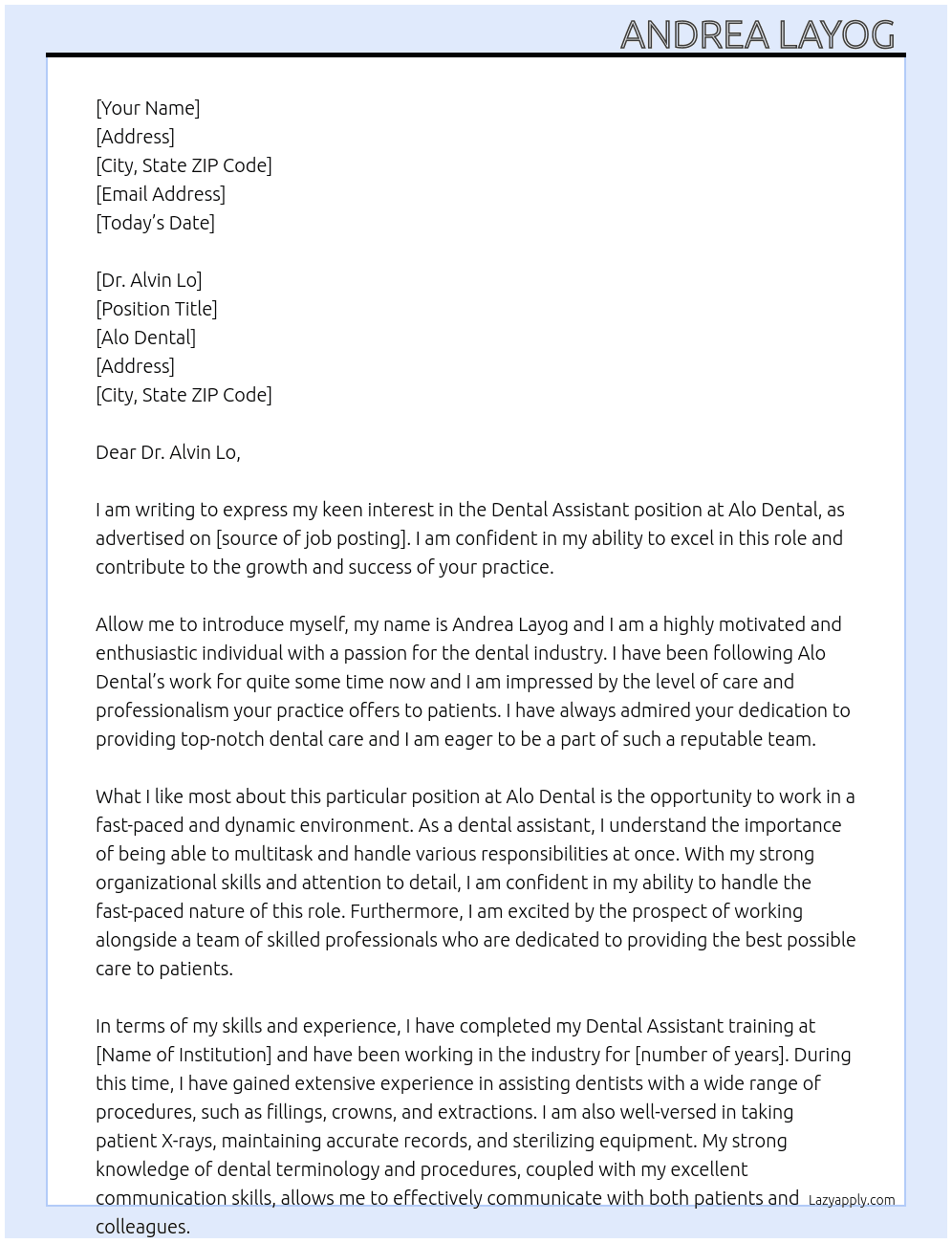 dental assitant  At alo dental  Cover Letter