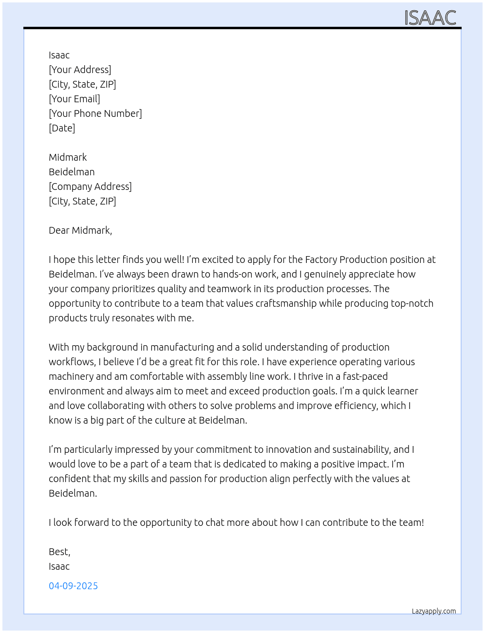 Factory Production At Beidelman  Cover Letter