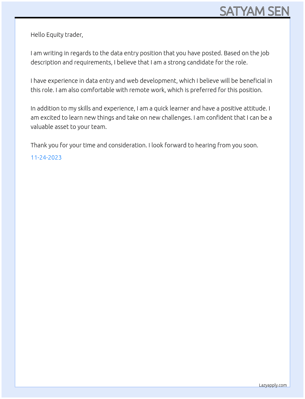 Data entry  At Equity trader Cover Letter