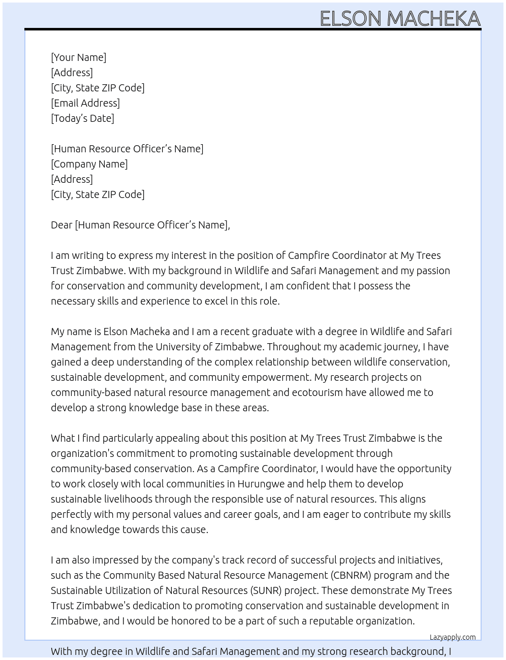 Campfire Coordinator At My Trees Trust Zimbabwe Cover Letter