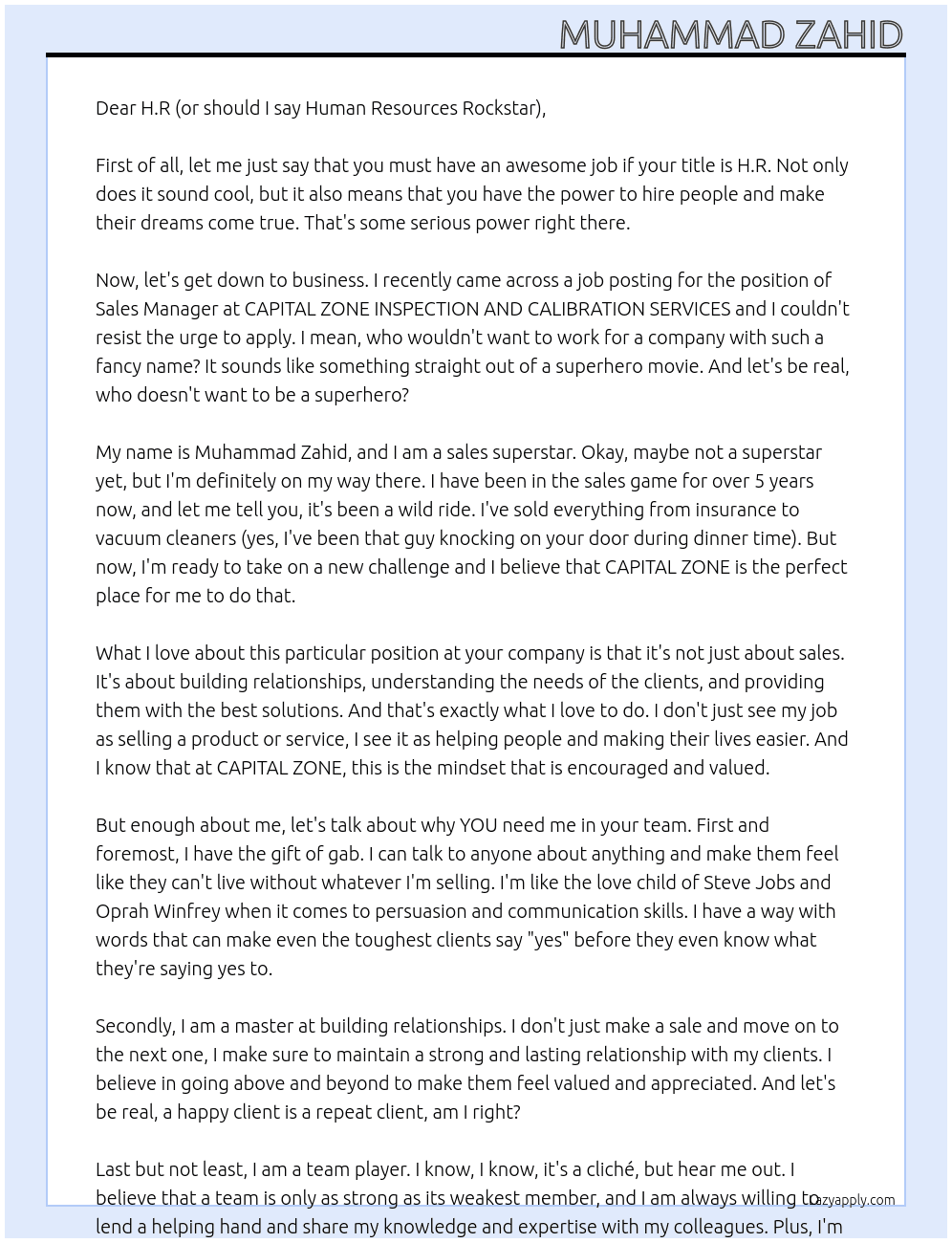 Sales Manager At CAPITAL ZONE INSPECTION AND CALIBRATION SERVICES Cover Letter