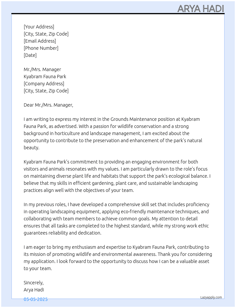 Grounds Maintenance At Kyabram Fauna Park Cover Letter
