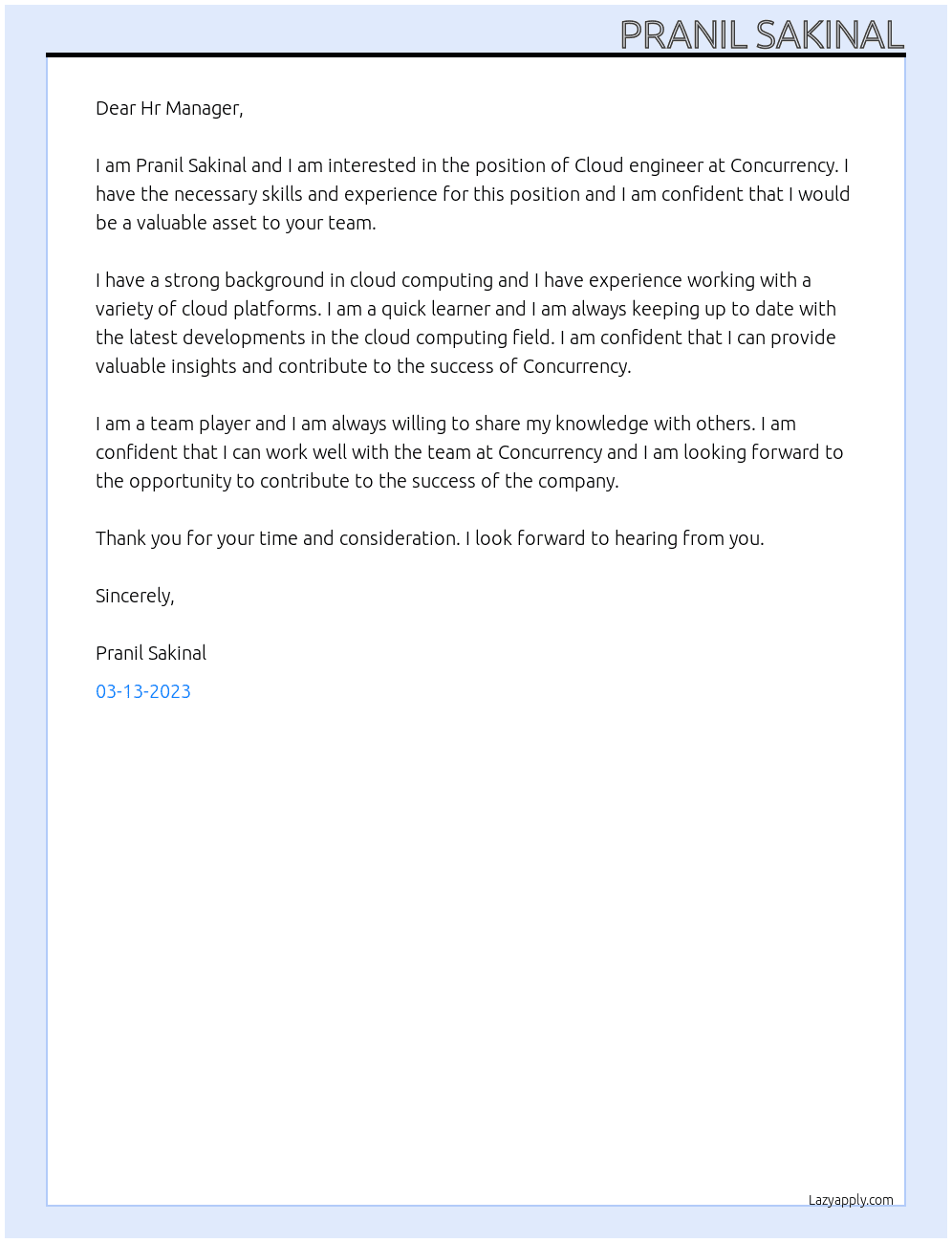 Cloud engineer At Concurrency Cover Letter