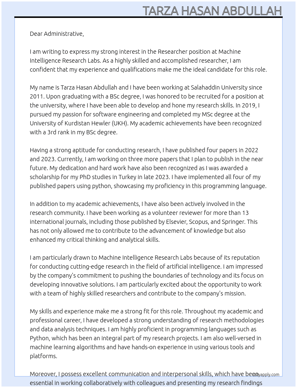 Researcher At Machine Intelligence Research Labs Cover Letter