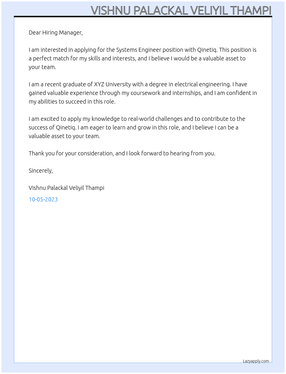Systems Engineer (Student and Graduate Opportunities - Early Careers 2024 (15841) At Qinetiq Cover Letter