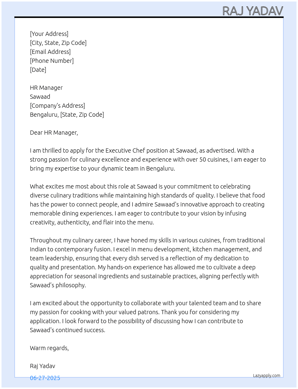 Executive Chef At Sawaad  Cover Letter
