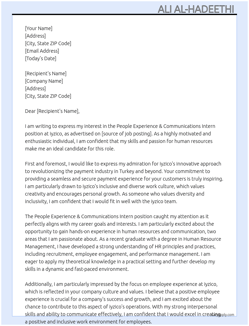 People experience & communications intern At iyzico Cover Letter