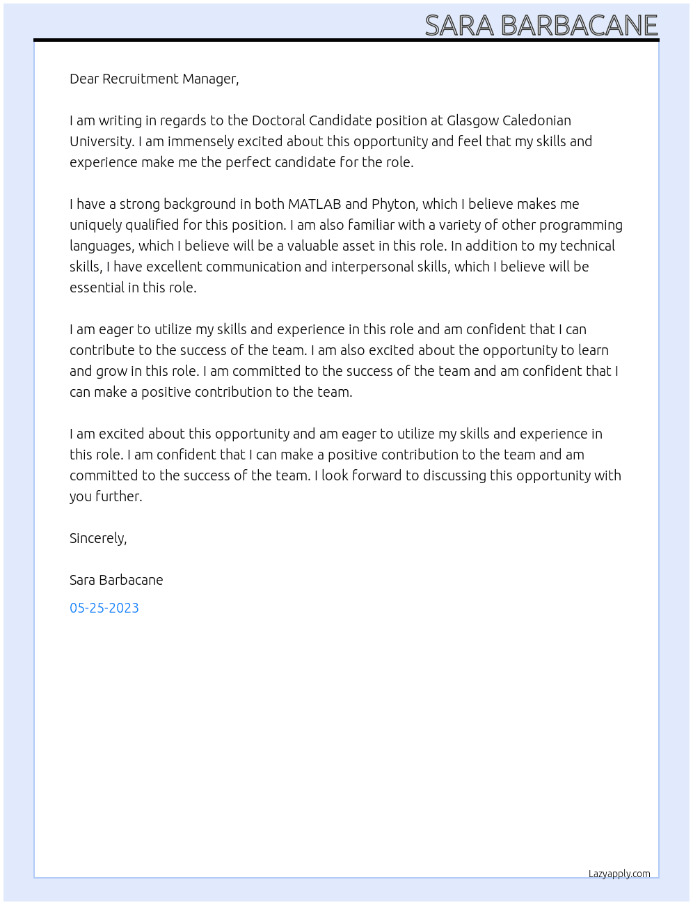Doctoral Candidate At Glasgow Caledonian University Cover Letter